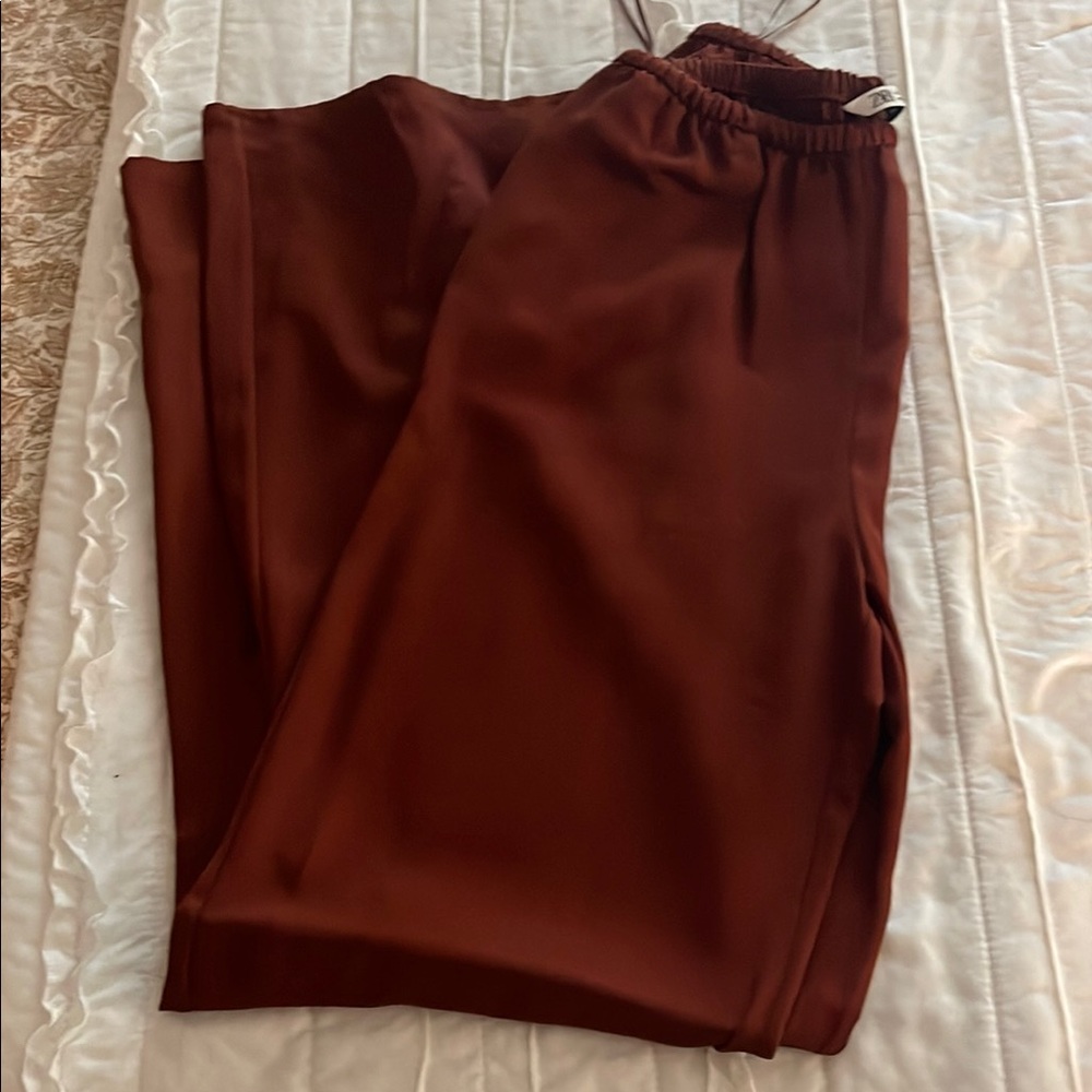 Zara Brown Straight Leg Pants with Pleated Waist
